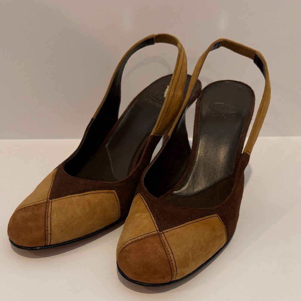 Joan & David Elegant Brown and Tan suede Slingback Heels